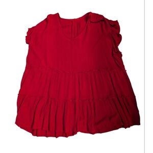 Self Esteem 2X red v neck top blouse tiered look short sleeve crinkle fabric